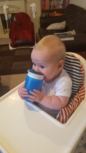 Trying out his new cup (it didn't last long, he didn't like it!)